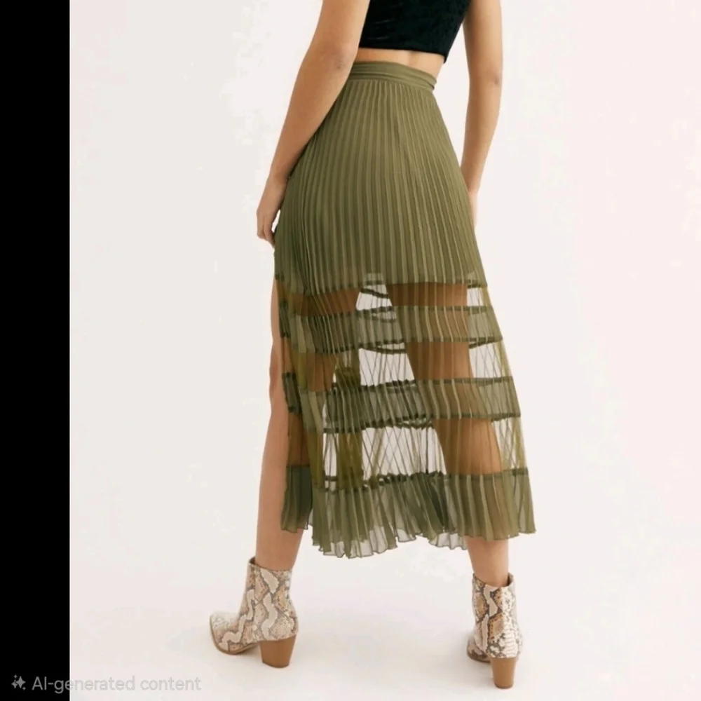 Free People Bowery Pleated Sheer High Waist Midi Skirt in Army Green Sz M - Picture 2 of 10